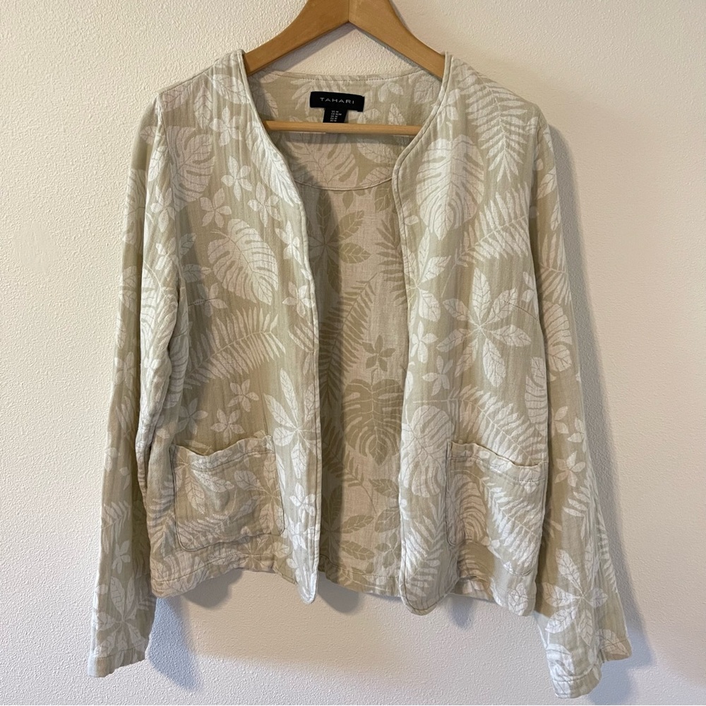 Tahari Linen Blend Floral Jacquard Print Open Blazer Pockets Beige White-Medium